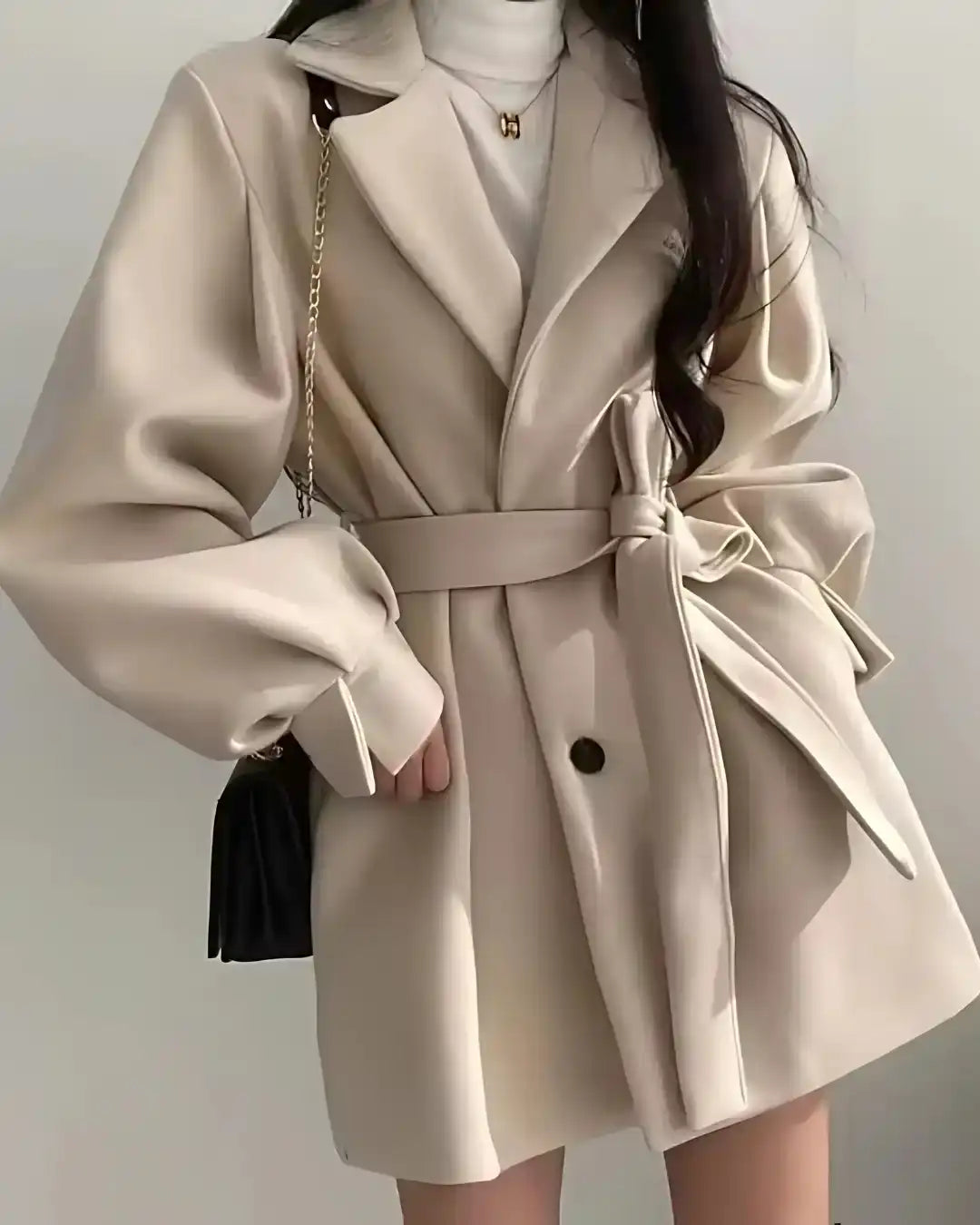 Sobretudo Lazarelle de Lã com Mangas Longas Bufantes