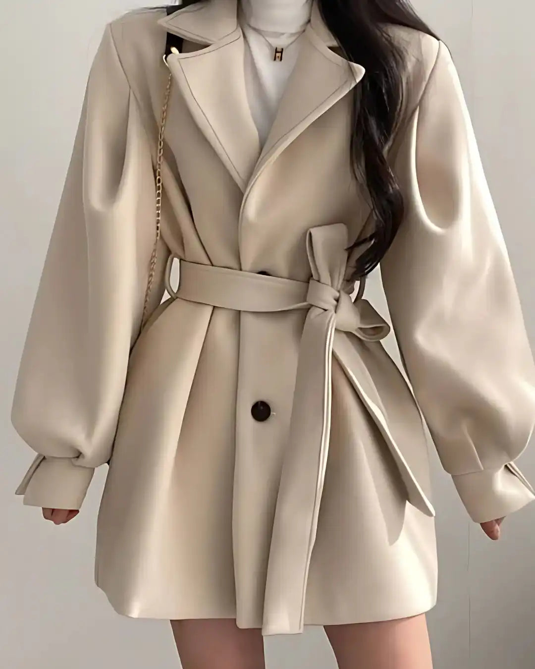 Sobretudo Lazarelle de Lã com Mangas Longas Bufantes