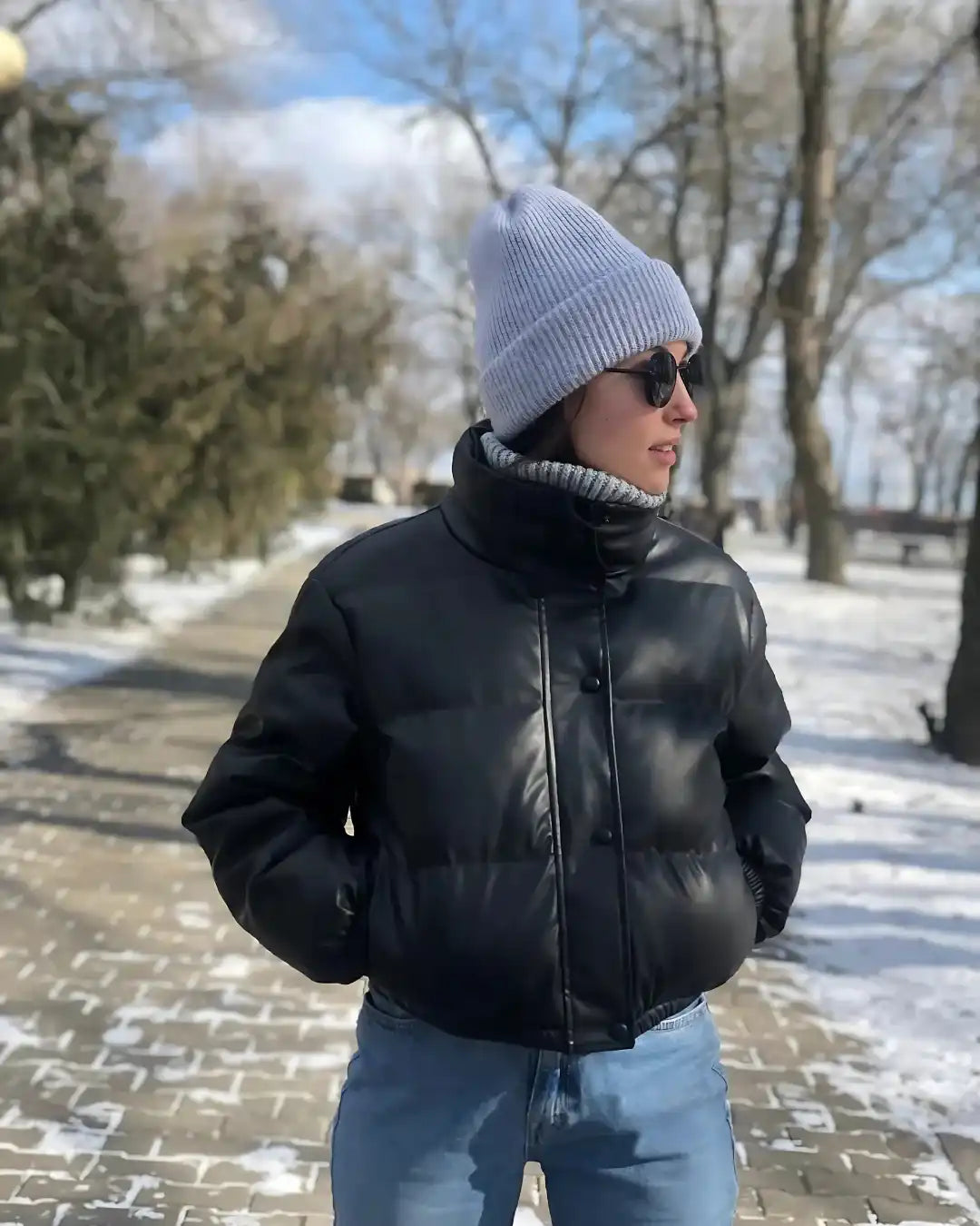 Jaqueta Lazarelle de Couro com Modelagem Puff e Algodão